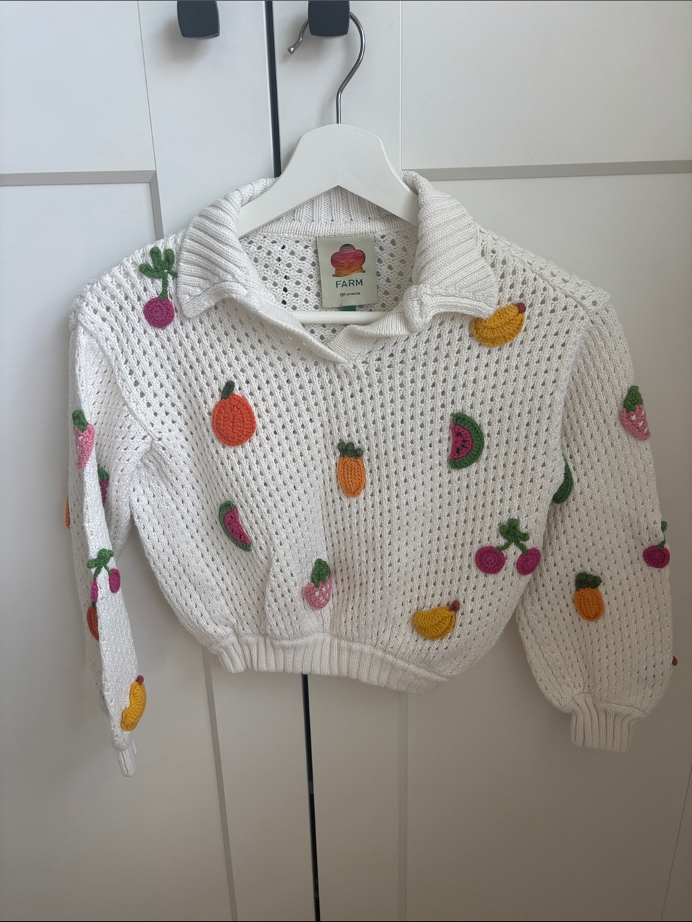FARM Rio White Open-Knit Fruit Embroidered Cowl Sweater